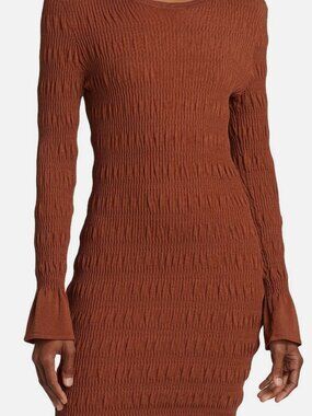 TOVE Women's Brown Juno Knit Pullover Crew Neck Ribbed Ruched Minidress Size L